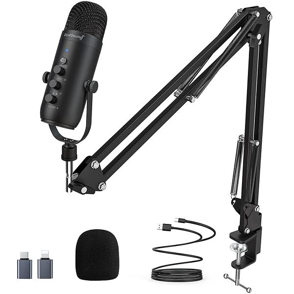 ZealSound Gaming Microphone Kit,Podcast Condenser USB Mic with Boom Arm,Supercardioid Microphone with Mute Button,Echo Volume Gain Knob,Adjust