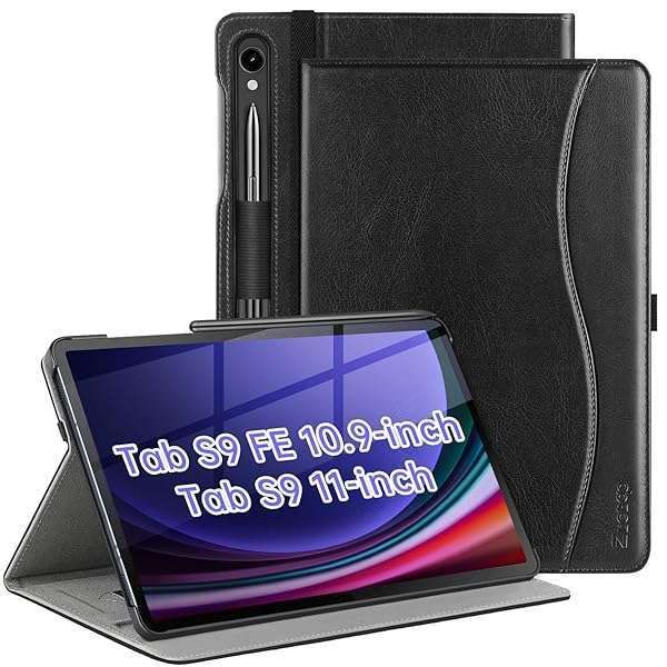 ZtotopCases Samsung Galaxy Tab S9 FE 5G Case - PU Leather, Auto Sleep/Wake, Hand Strap, Front Pocket - Black 2023