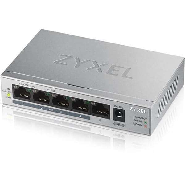 Zyxel 5-Port Gigabit POE+ Switch: 4 PoE+ Ports, Plug & Play, Metal Housing, Fanless - GS1005HP with Lifetime Warranty