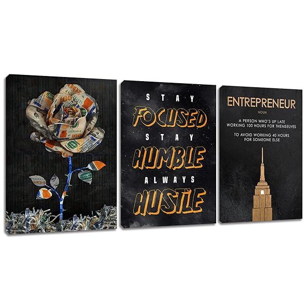 Azrosap Motivational Hustle Wall Decor Set of 3 Inspirational Success Quote Canvas Prints for Office and Living Room Ready to Hang