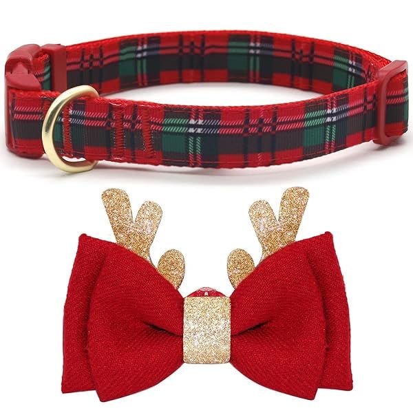 Azuza Christmas Dog Collar Plaid Design with Glitter Reindeer Antler and Bowtie Soft Comfy Xmas Collars for Large Dogs