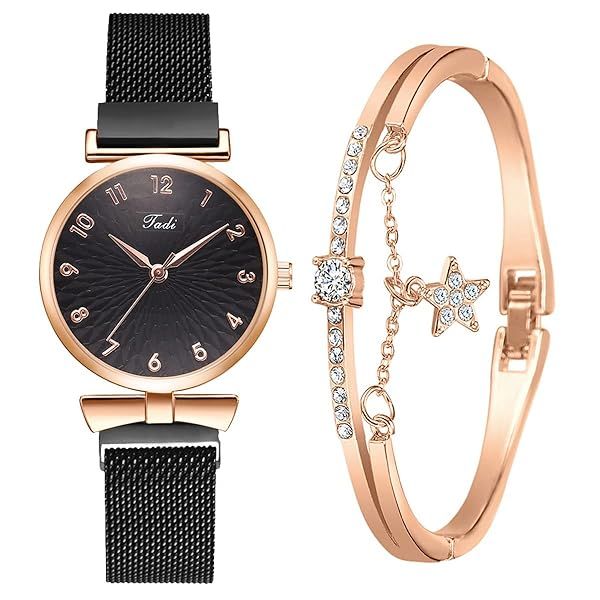 CdyBox Classic Alloy Strap Ladies Watch with Crystal Bracelet Elegant Quartz Wristwatch for Women Perfect Gift in Black