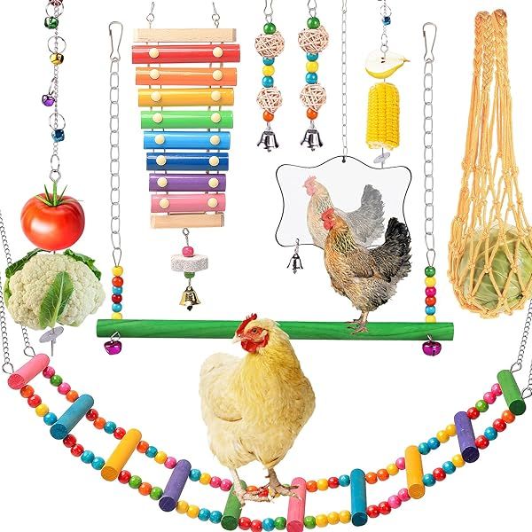 Chicken Coop Toys 9PCS Set Xylophone Swing Mirror Flexible Ladder Vegetable String Bag Hanging Feeder for Happy Chickens