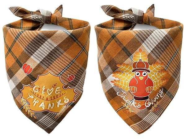 Chngeary Thanksgiving Dog Bandana 2 Pack New Plaid Style Fall Dog Accessories with Turkey and Maple Leaf Pattern for All Dog Sizes