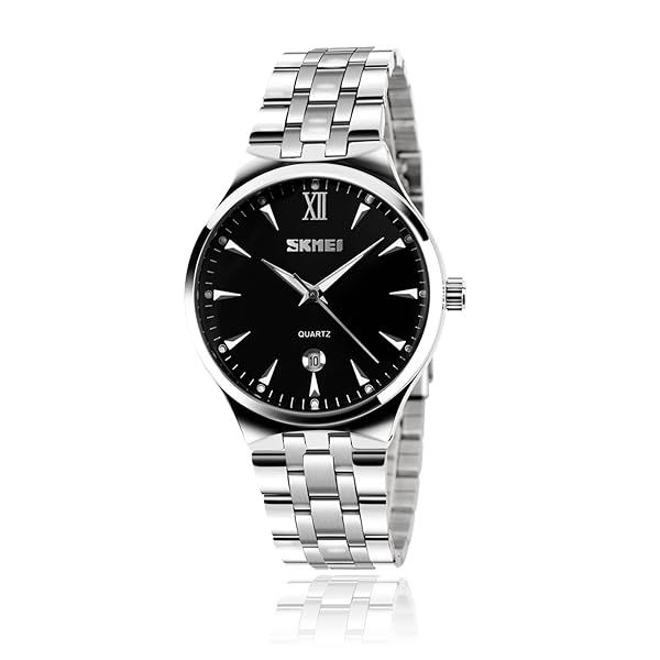 Mens Analog Quartz Watch Stainless Steel Band Business Classic Waterproof Roman Numeral Wristwatch Black