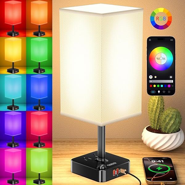 Cozoo Bluetooth WiFi RGB USB Bedside Table Lamp with Charging Ports and Outlets Dimmable Music Sync Color Changing Light for Home Bedroom