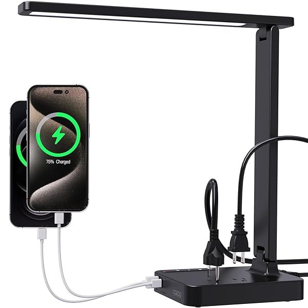 Modern Cozoo LED Desk Lamp with USB Ports & AC Outlets - 3 Modes, Touch Control, Eye-Caring Design for Home Office & Dorm