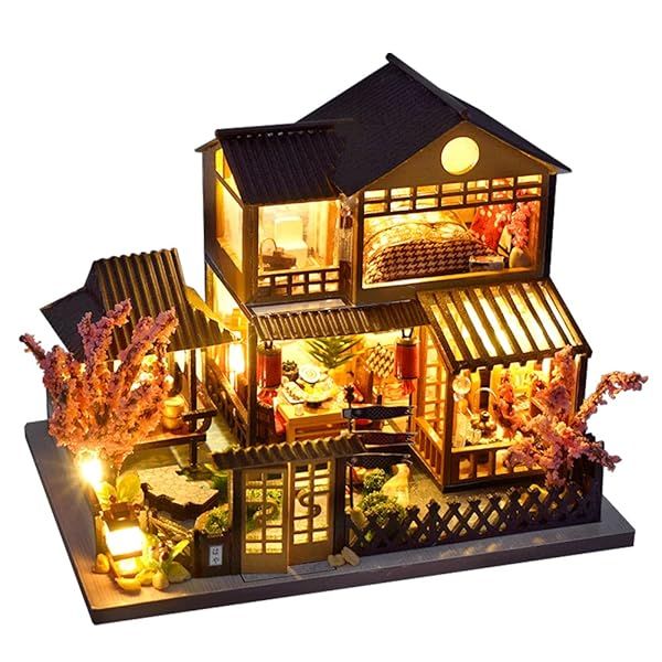 CUTEBEE Japanese Garden Dollhouse Miniature Kit with Furniture DIY Wooden Tiny House Set for Adults and Teens Creative Room Decor Gift