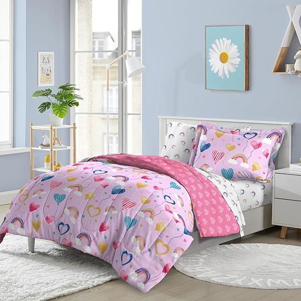 Dream Factory Kids 5 Piece Bed Set Easy Wash Soft Microfiber Comforter Twin Lilac Balloon Hearts