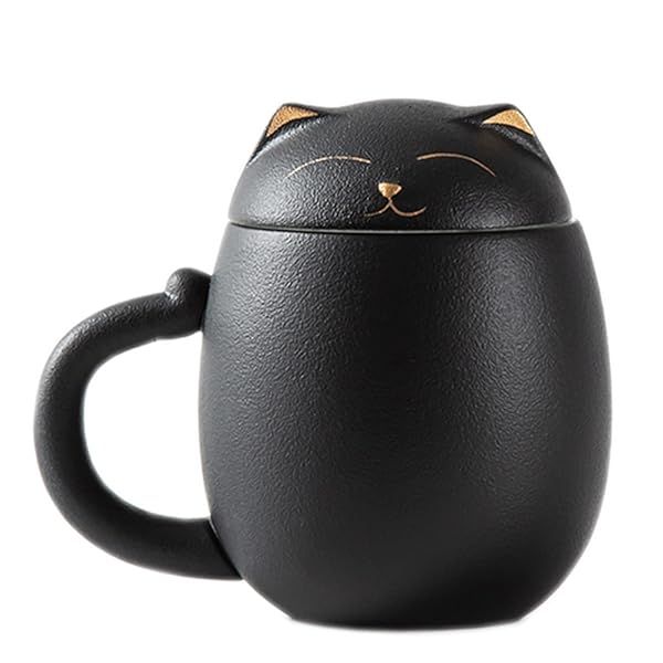 DUANMUL Cute Cat Mug Ceramic Coffee Cup with Infuser Lid for Loose Leaf Tea Kawaii Coaster Novelty Porcelain Teacup Black