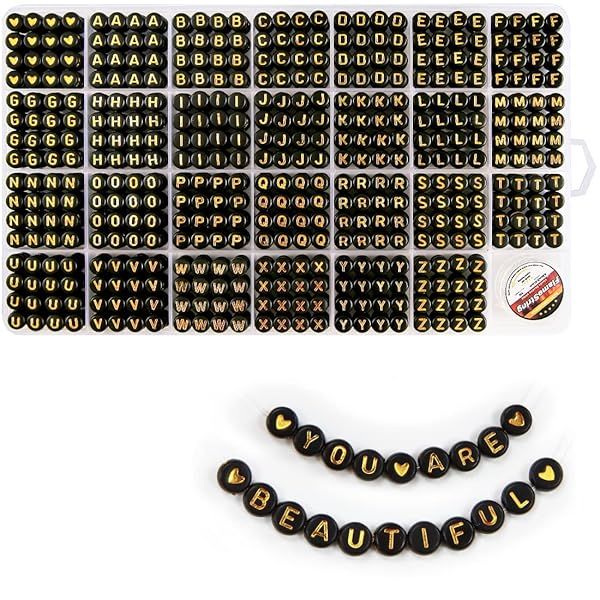 Eppingwin Gold Letter Alphabet Beads 28 Grid Box Round 4x7mm Black Base Ideal for Crafts and Jewelry Making