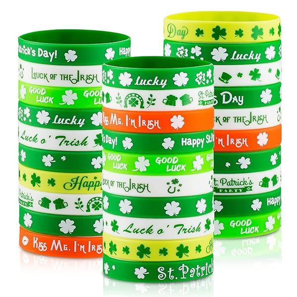 Hexiaoxiao 30pcs St. Patrick's Day Rubber Bracelets Silicone Wristbands for Kids Teens Party Favors Shamrock Holiday Accessories