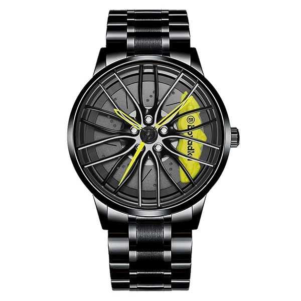 iCyber Car Wheel Watch Stainless Steel Rim Waterproof Sports Watch for Men with Japanese Quartz Movement Yellow Racing Design