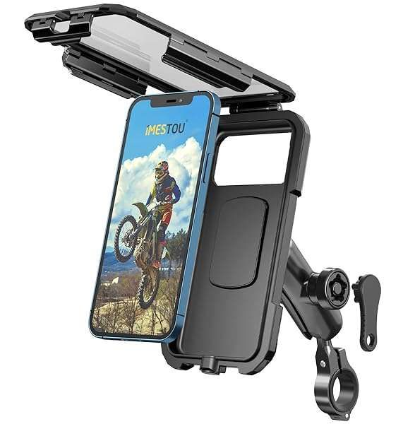 iMESTOU Anti-Theft Waterproof Motorcycle Phone Holder Bike Phone Mount 1" Ball Handlebar Stem Mobile Holder with Double Socket Arms 720° Rotation Aluminium Base for 5.5"-6.8" Cellphones (L)