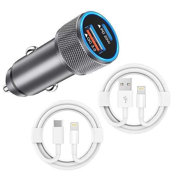 Fast iPhone Car Charger 38W Dual Port USB-C Adapter with 2x3ft PD & QC 3.0 Cable for iPhone 14/13/12/11 & AirPods