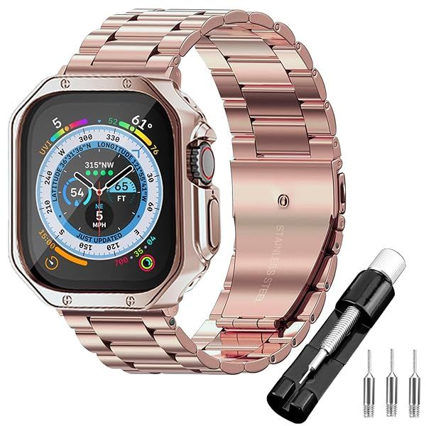 iTecFree for Metal Apple Watch Ultra 3 Band with Case 49mm,Stainless Steel Bands Metal Chain Bracelet Wrist Strap and TPU Soft Rugged Case for iWatch