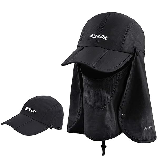icolor Folding Sun Cap Fishing Hats with Removable Neck & Face Flap - Summer Sun Protection for Men & Women in Black