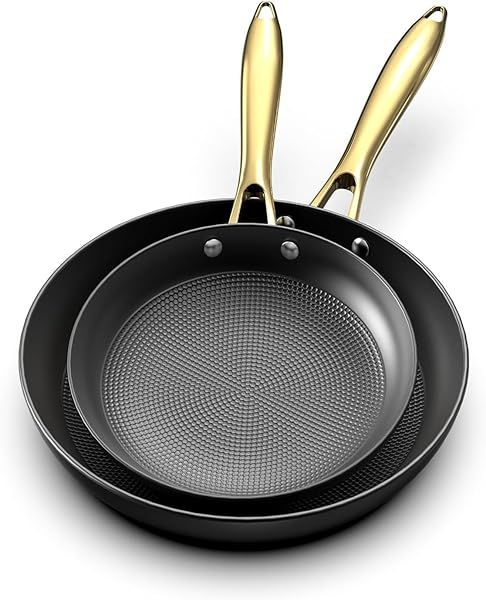 Imarku Non Stick Frying Pans Set 2 Pcs 8 Inch 10 Inch Professional Cast Iron Skillets Honeycomb Long Lasting Gold Handle Oven Safe
