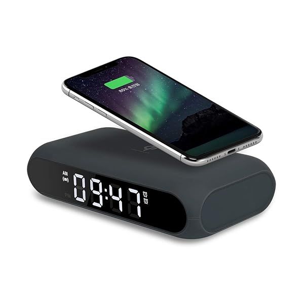 Mooas Qi Wireless Charging Slim Mirror Desk Clock Charcoal Gray Compact Digital Alarm Clock with USB Port for iPhone and Samsung Galaxy