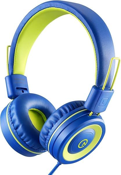 Noot Products Kids Headphones with Microphone K12 Stereo 5ft Cord Volume Limit Wired On-Ear Headset for iPad Kindle Fire Toddler Blue Lime
