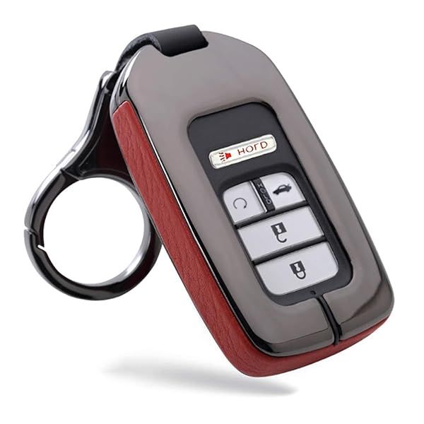 ontto Key Fob Cover for Honda Accord Civic CRV Remote Key Case Holder Metal Leather Protection with Keychain Red