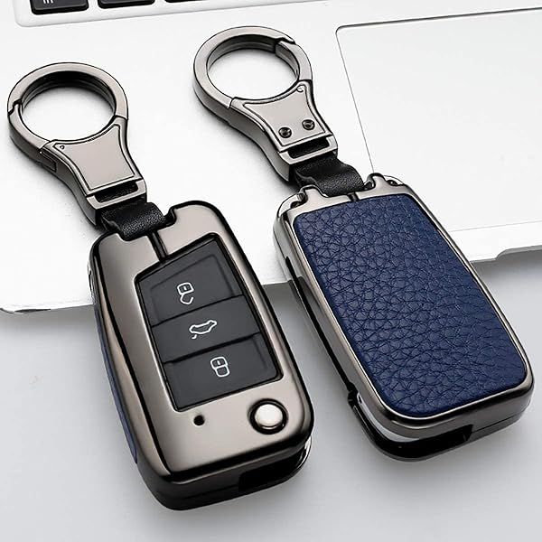 Ontto Stylish Key Fob Cover for VW Skoda Polo Jetta Golf 7 GTI 7 R20 3-Button Leather Key Protector Blue Keychain Included