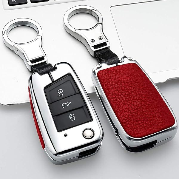 Ontto Stylish Key Fob Cover for VW Skoda Polo Jetta Golf 7 GTI 3-Button Leather Key Protector Red Key Shell and Keychain Set
