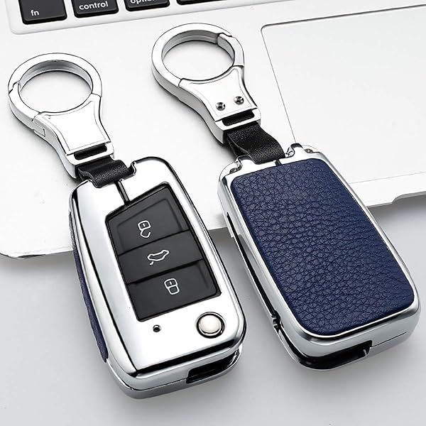 Ontto Stylish Key Fob Cover for VW and Skoda 3-Button Key Case Leather Protector with Keychain Blue