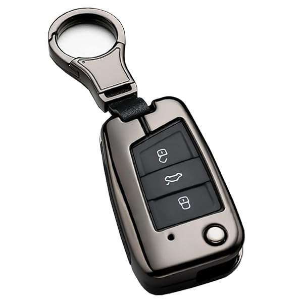 Stylish VW Key Fob Cover & Keychain - Leather Protector for Skoda Polo, Jetta, Golf 7/GTI - Black 3-Button Case