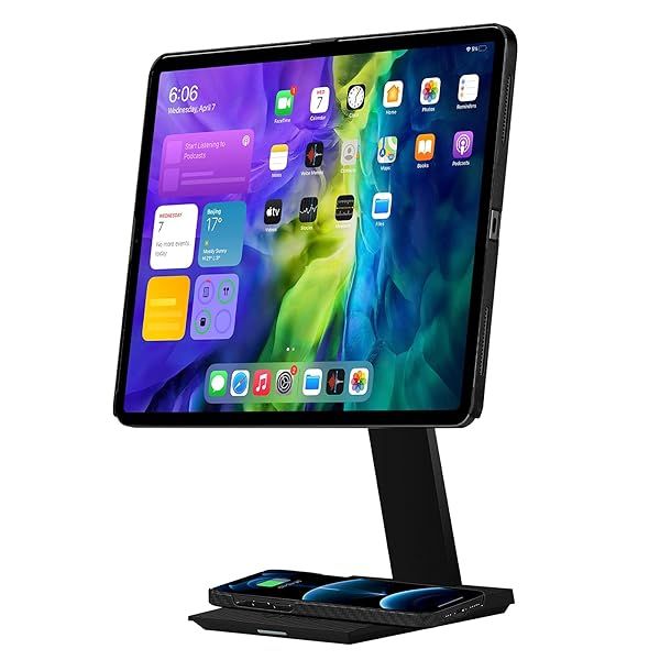 pitaka iPad Magnetic Stand Adjustable iPad Stand for Desk iPad Holder Stand with 15W Smartphone Wireless Charging Base, Compatible with All Tablets & MagEZ Case 2 for iPad Pro/Air