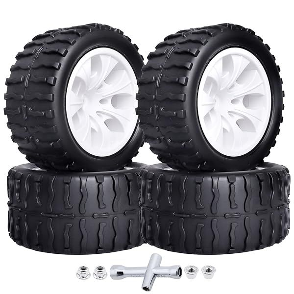 Pre-Glued GoHobby 1/10 RC Truck Tires 2.8 Inch and 12mm Hex Wheels for Traxxas Slash Rustler Redcat Volcano Team Associated MT10 Set of 4