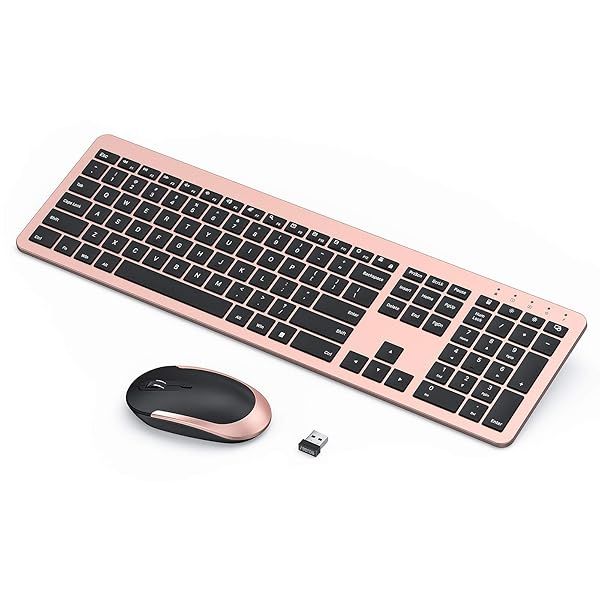 Seenda Rechargeable Wireless Keyboard Mouse Combo Full Size Cordless Ultra Thin Quiet Keyboard and Mouse Set Rose Gold Black