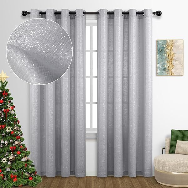 Elegant Silver Curtains 84 Inch Length Grommet Window Drapes Semi Sheer Gray 2 Panels Luxury Sparkle Glam Shimmer for Living Room Bedroom Decor