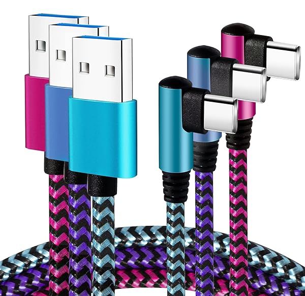 Teeind USB Type C Cable 2.1A Fast Charging 90 Degree 6ft 3Pack Nylon Cord Compatible with Samsung Galaxy S23 S22 Note 10 Charger