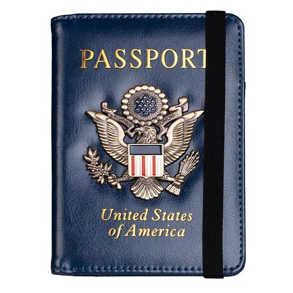 TOURSUIT RFID Blocking Leather Passport Holder for Travel with 3D Metal Badge Dark Blue Travel Document Wallet for Men and Women