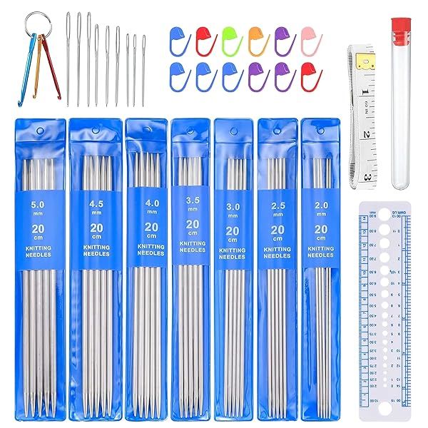 woshilaoDS 35pcs Double Pointed Knitting Needle Sets, 20 cm 7.8 inch Stainless Steel Metal Knitting Needles with Double Ended for Beginner, Sock