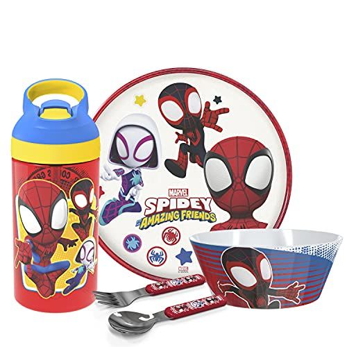 Zak! Marvel Spidey Dinnerware Set for Kids - 5-Piece Durable Plastic & Stainless Steel - Perfect for Ages 3+