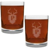 Engraved Antler and Shield Monogram Glass Set 2 Piece 13.5 Ounce