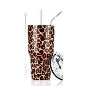 30oz Leopard Tumbler Stainless Steel Insulated Travel Mug with Straw Lid and Cleaning Brush for Travel and Outdoor Use