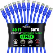 Maximm Cat 6 Ethernet Cable 40ft (12-Pack) - High-Speed 10Gbps LAN & Network Cable - UTP, 550MHz, Blue