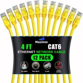 Maximm Cat 6 Ethernet Cable 4ft (12-Pack) - High-Speed 10Gbps LAN & Network Cable - Yellow UTP Patch Cord