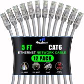 Maximm Cat 6 Ethernet Cable 5ft (12-Pack) - High-Speed 10Gbps LAN & Network Cables - UTP, 550MHz, Gray