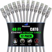 Maximm Cat 6 Ethernet Cable 40ft (12-Pack) - High-Speed 10Gbps LAN & Internet Patch Cables - UTP, 550MHz, Gray
