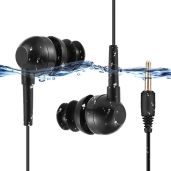 AGPTEK IPX8 Waterproof Earphones: Coiled Cable Swimming Earbuds with Stereo Audio - Black