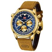 Shop AIMES Men's Waterproof Sport Watch: Brown Leather, Chronograph, 30M Water Resistance, Blue Dial & LED Light