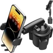 APPS2Car Sturdy Cup Phone Holder Mount for Car, Adjustable Height and Reach, Flexible Long Arm with Multi-Ball Pivot, One-Hand Operation, Compatible