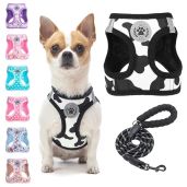 BEAUTYZOO Small Dog Harness and Leash Set Cow Print No Pull Reflective Soft Padded Mesh Vest for XXS XS S Dogs and Cats