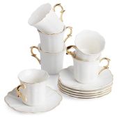 BTaT Espresso Cups & Saucers Set of 6 - Gold Trim Porcelain Demitasse Cups in Gift Box