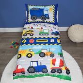 Baby Boom Funhouse Construction Area Toddler Bedding Set 4 Piece Trucks Comforter Sheet Set Reversible Pillowcase for Boys Blue