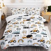 BailiPromise Cartoon Car Comforter Set for Kids Full Size 3Pcs Construction Vehicles Bedding Rainbow Excavator Tractor All Season